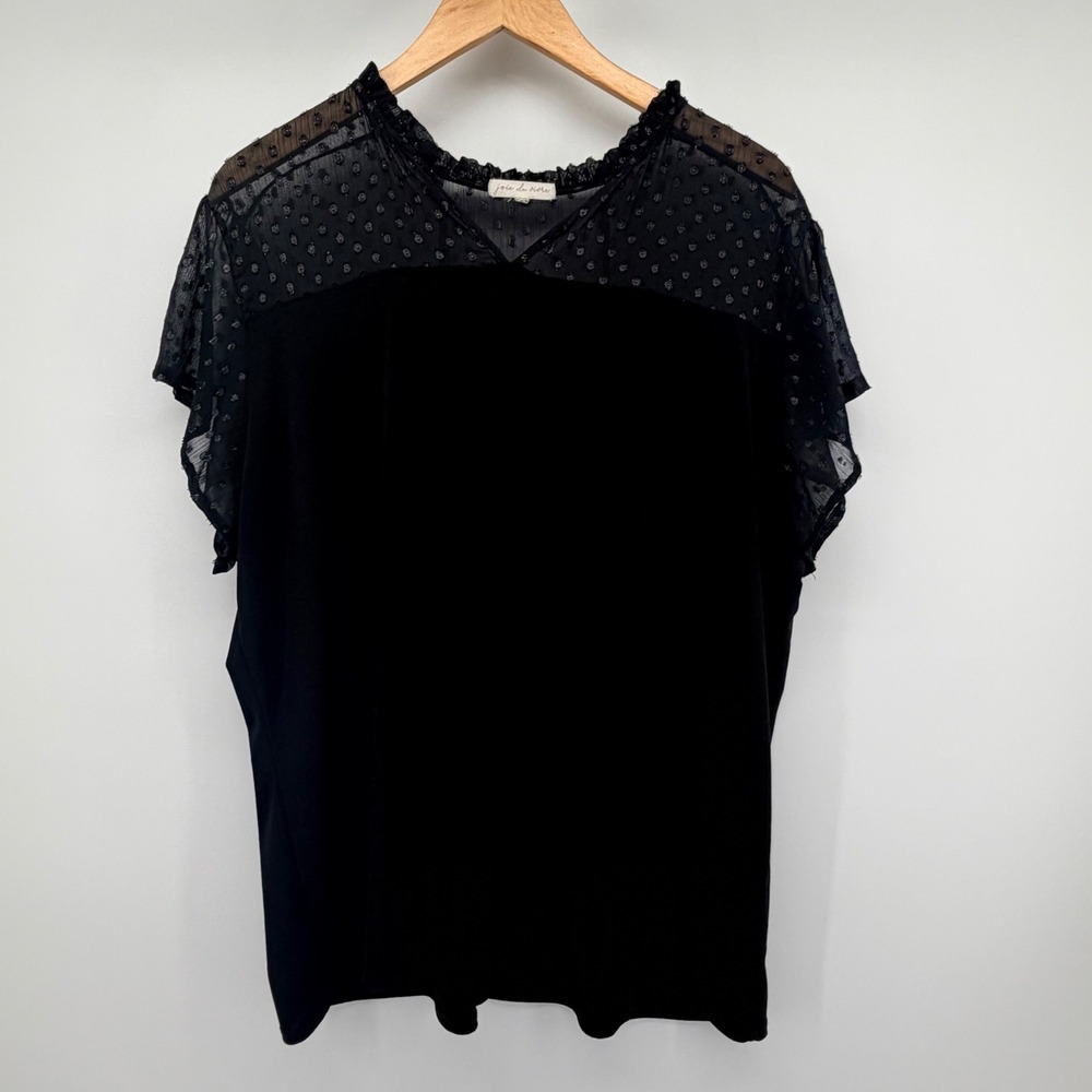 Joie de Vivre Black Sheer Mesh Metallic Clip Dot Ruffle Blouse Top Womens 2X